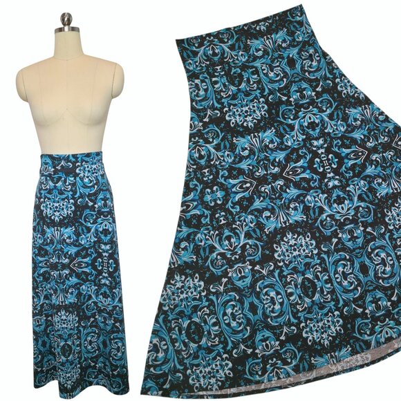 LuLaRoe Maxi Skirt Large Damask Blue Black White Scroll Yoga Band A-Line EUC - Picture 1 of 10
